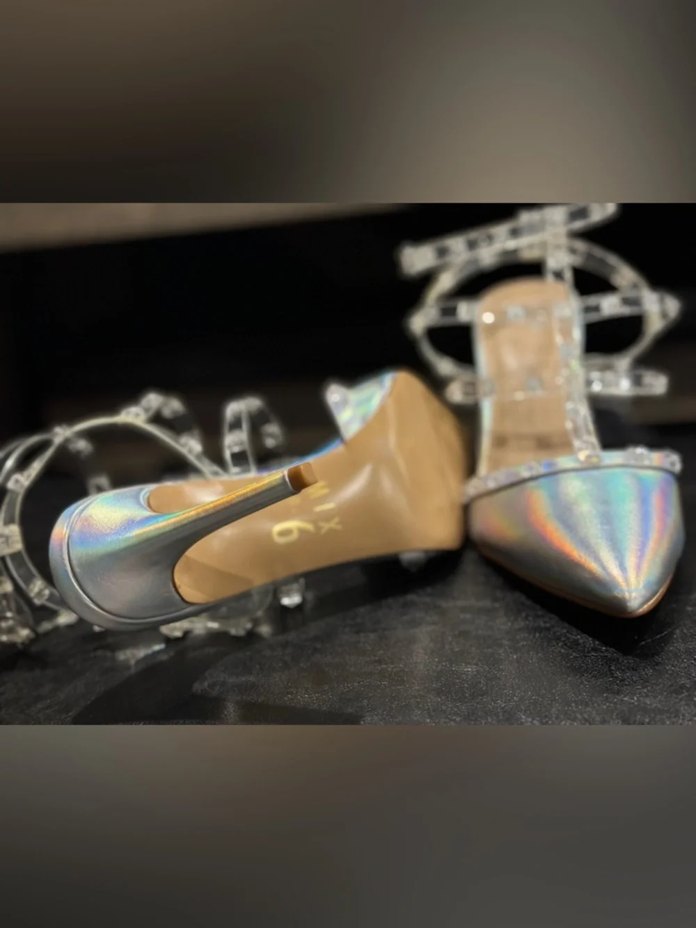 🪩 Mix No. 6 Liraven Caged Pump Heel in Iridescent/Clear Metallic with Studs